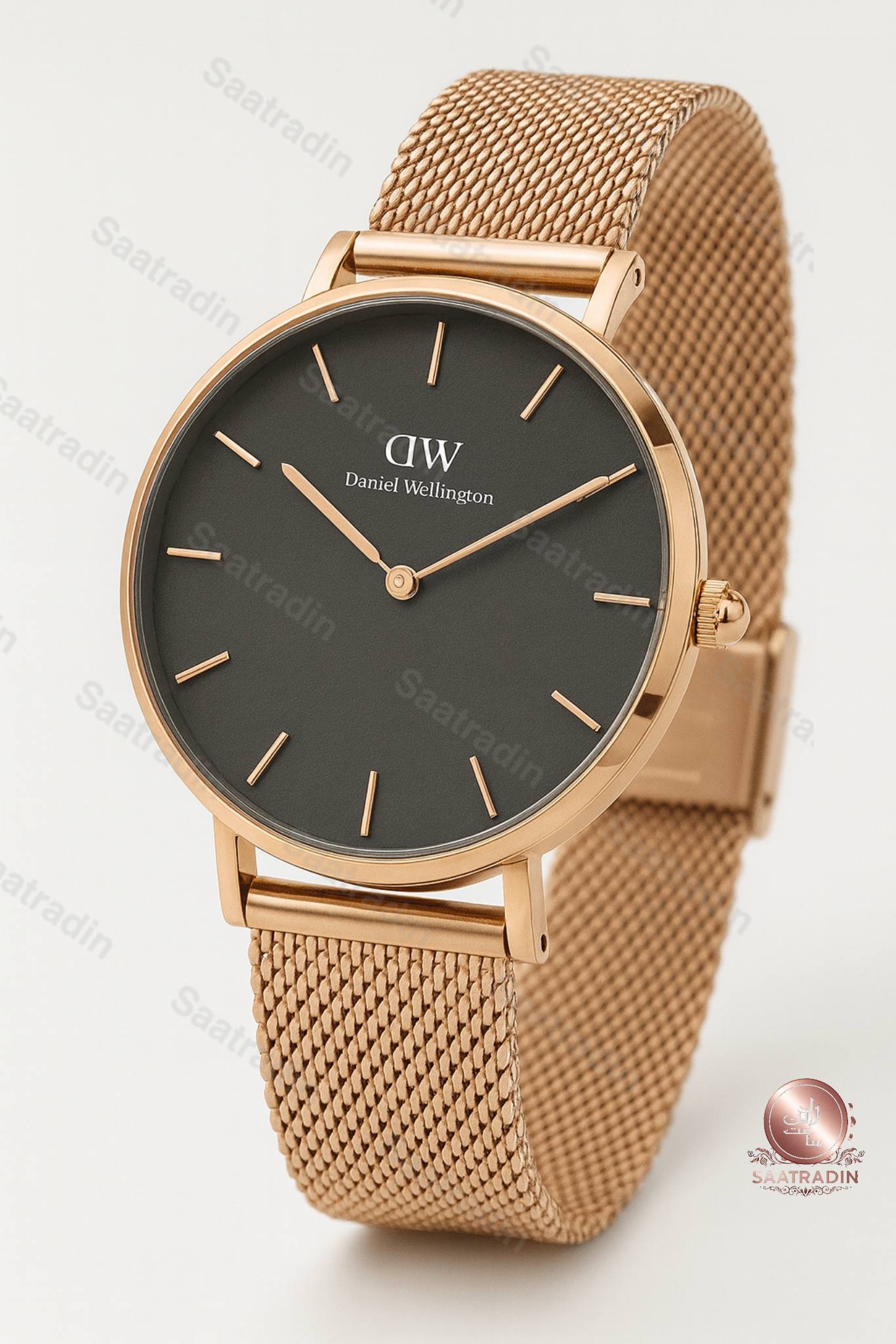 ساعت زنانه دنیل ولینگتون رزگلد صفحه مشکی بند حصیری ۳۲ میلیمتر – هایکپی درجهیک (Daniel Wellington Classic Black Dial Rose Gold Mesh 32mm Women’s Watch) | ساعت رادین ساعت دنیل ولینگتون زنانه رزگلد صفحه مشکی – نمای ۴۵ درجه