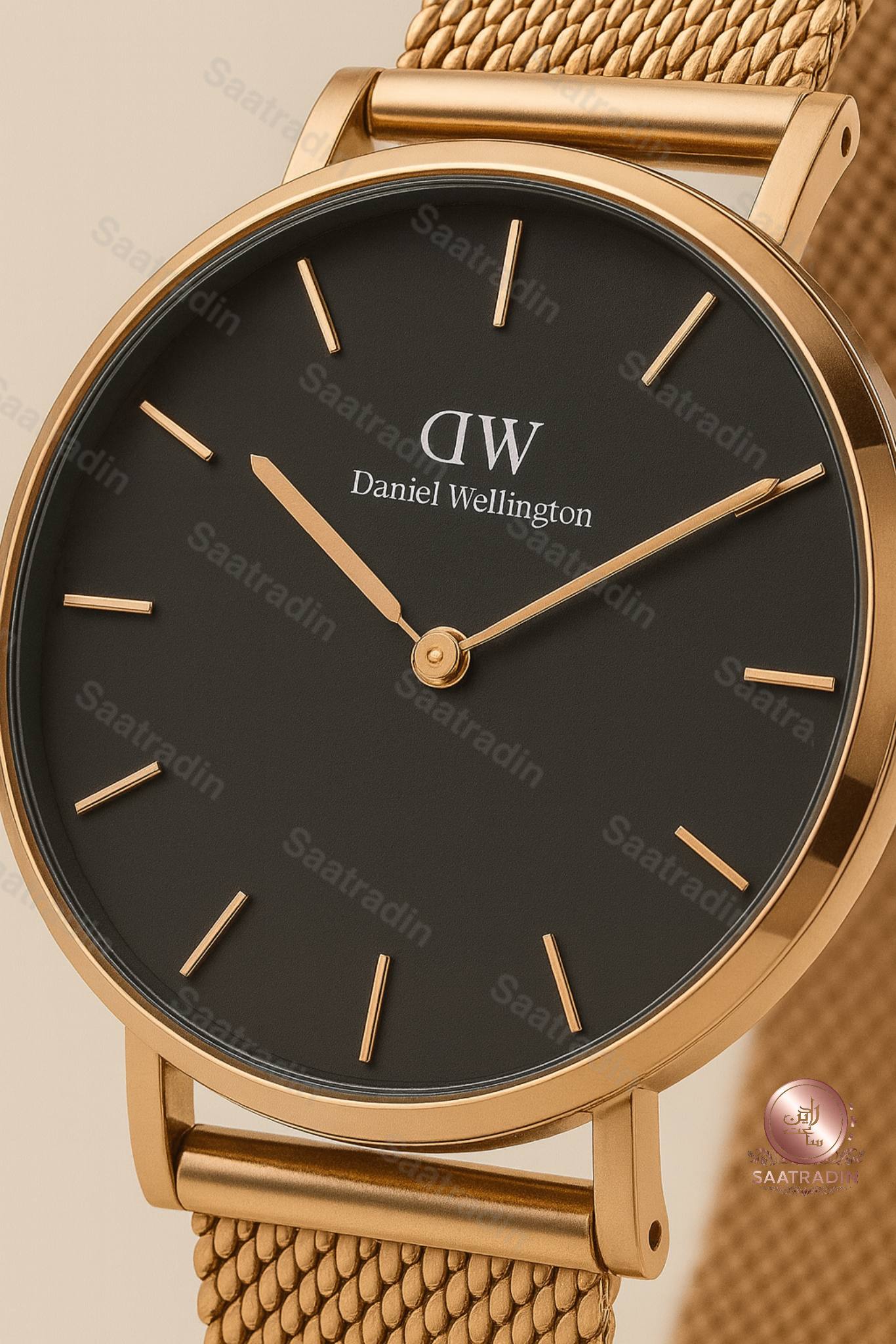 ساعت زنانه دنیل ولینگتون رزگلد صفحه مشکی بند حصیری ۳۲ میلیمتر – هایکپی درجهیک (Daniel Wellington Classic Black Dial Rose Gold Mesh 32mm Women’s Watch) | ساعت رادین کلوزآپ صفحه مشکی ساعت دنیل ولینگتون زنانه رزگلد