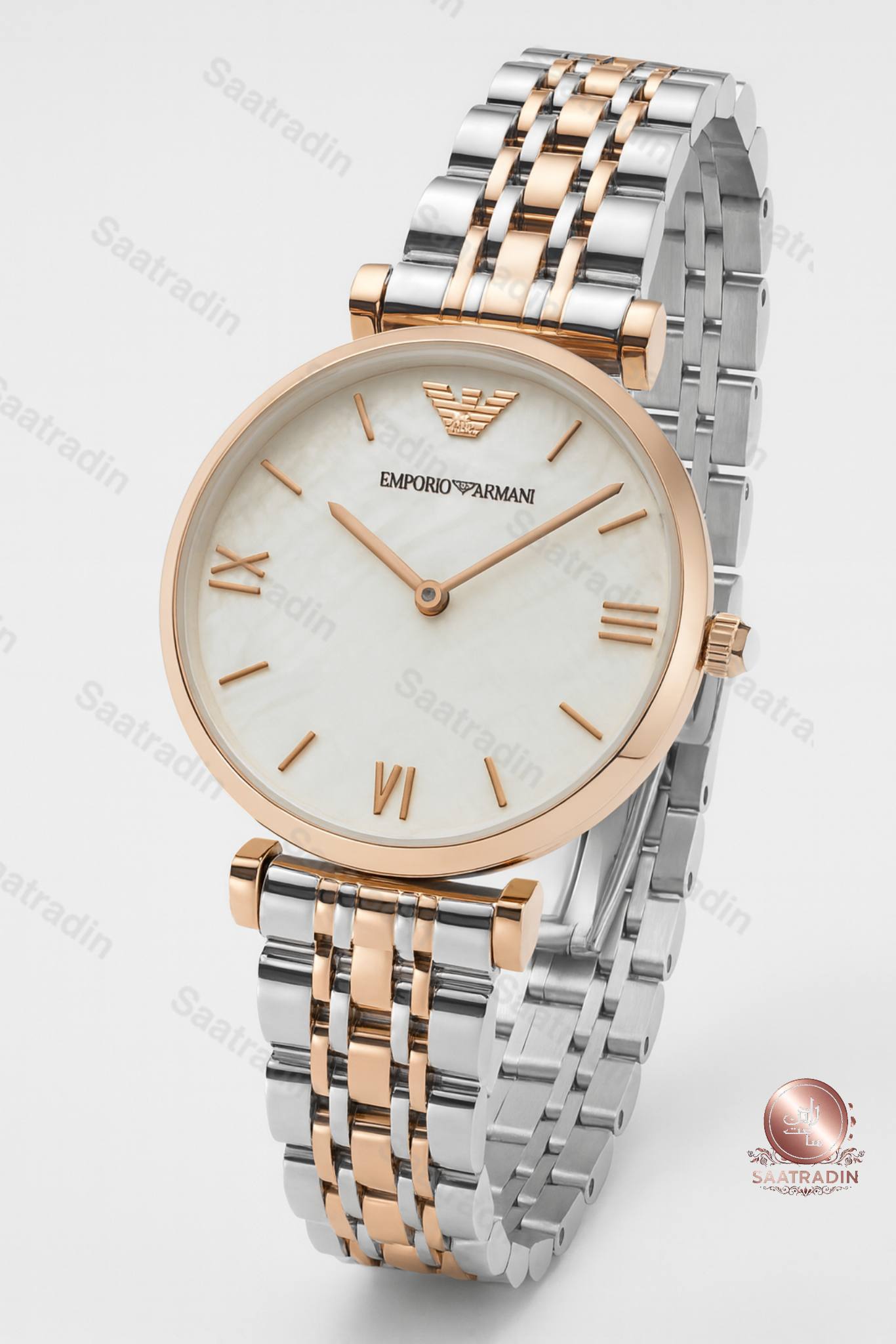ساعت زنانه امپوریو آرمانی دو رنگ سایز ۳۲ – صفحه سفید صدفی – هایکپی درجهیک (Emporio Armani Two-Tone White Dial 32mm Women’s Watch) | ساعت رادین ساعت زنانه امپوریو آرمانی دو رنگ سایز ۳۲ – نمای ۴۵ درجه