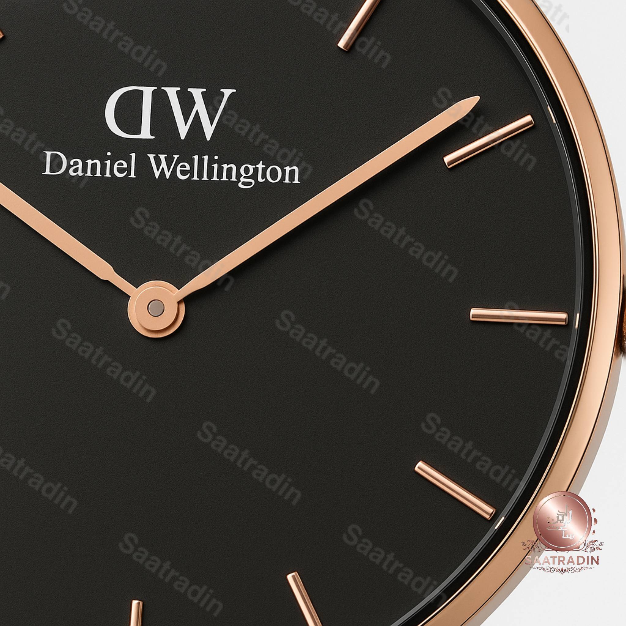 ساعت زنانه دنیل ولینگتون صفحه مشکی بند چرمی سفید ۳۲ میلیمتر – هایکپی درجهیک (Daniel Wellington Classic Black Dial White Leather 32mm Women’s Watch) | ساعت رادین کلوزآپ صفحه مشکی ساعت زنانه دنیل ولینگتون رزگلد ۳۲ میلیمتر