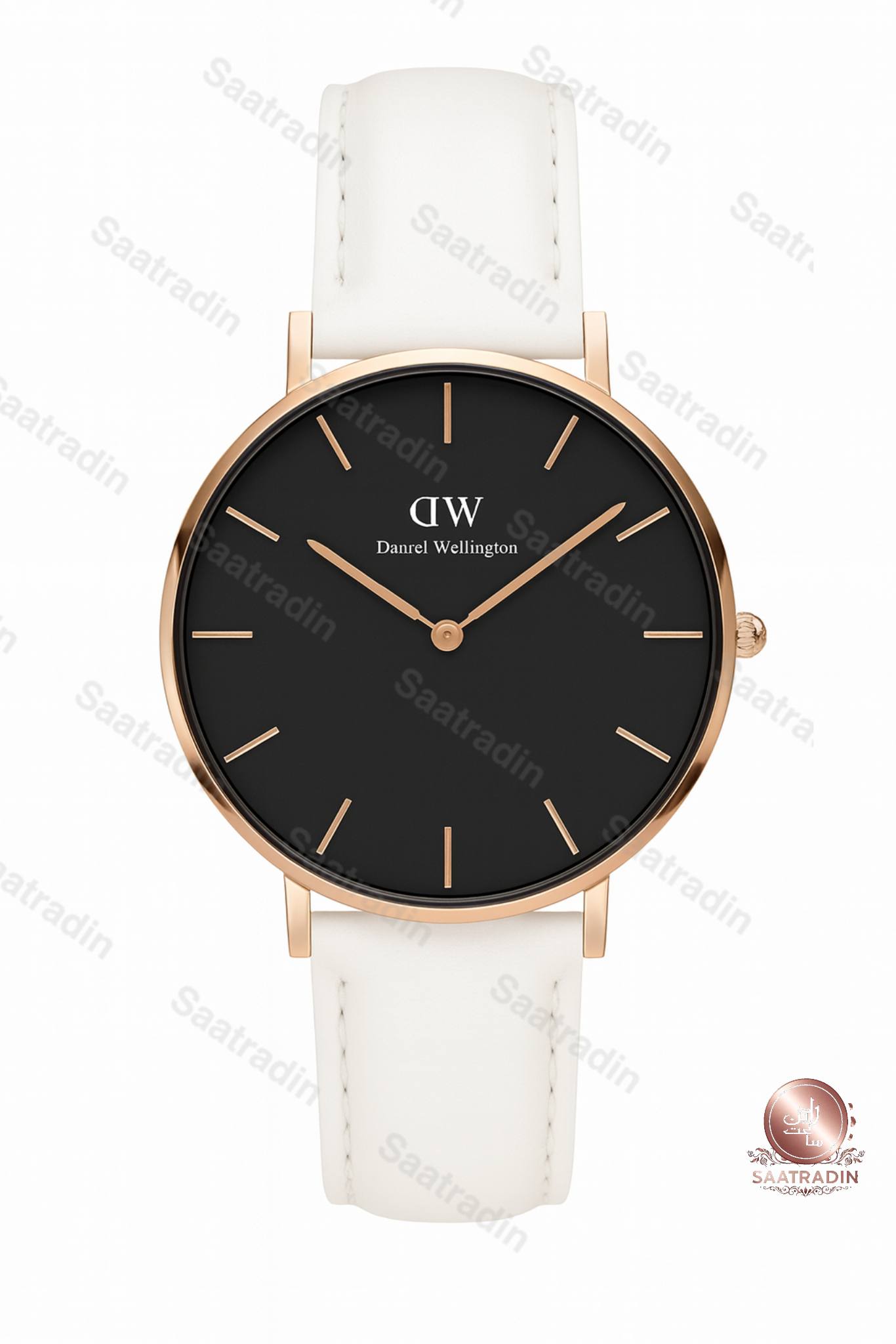 ساعت زنانه دنیل ولینگتون صفحه مشکی بند چرمی سفید ۳۲ میلیمتر – هایکپی درجهیک (Daniel Wellington Classic Black Dial White Leather 32mm Women’s Watch) | ساعت رادین ساعت زنانه دنیل ولینگتون رزگلد صفحه مشکی بند سفید – نمای روبهرو