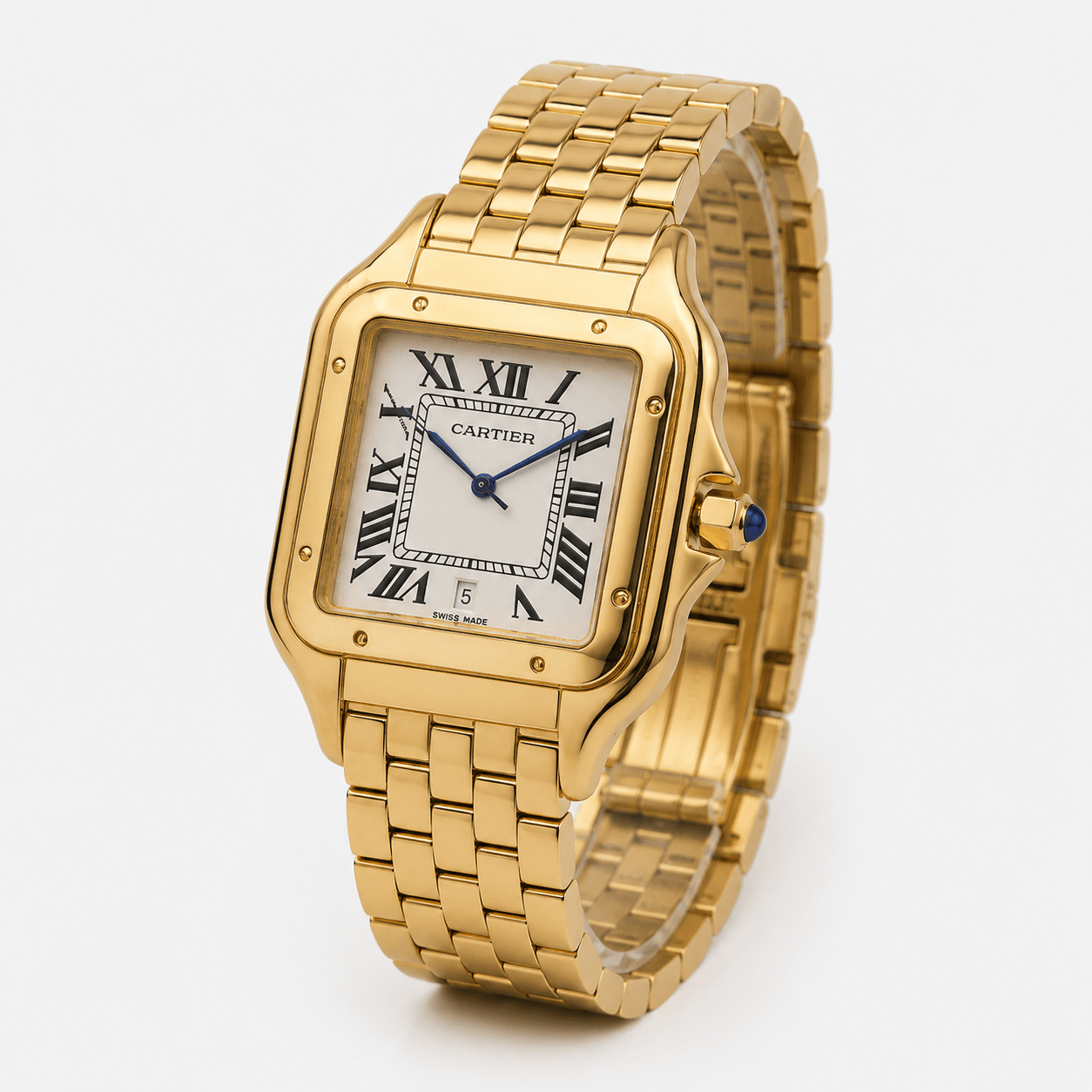 ساعت کارتیر پنتر مردانه طلایی صفحه سفید Cartier Panthere Large | ساعت رادین ساعت کارتیر پنتر مردانه طلایی زاویه 45 درجه