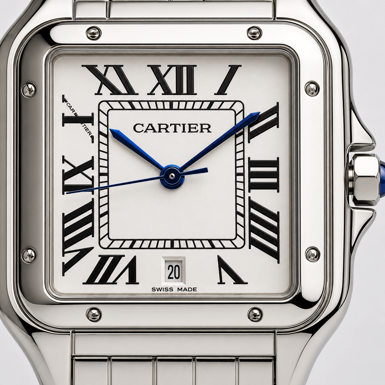 ساعت کارتیر پنتر مردانه سیلور صفحه سفید | Cartier Panthere Large | ساعت رادین ساعت کارتیر پنتر مردانه سیلور زاویه 45 درجه